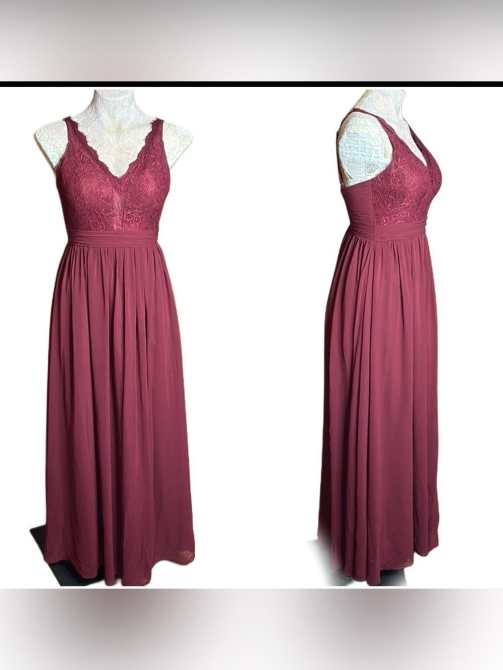 Azazie long formal flowy wine maroon burgundy lace chiffon sleeveless dress Sz 4
